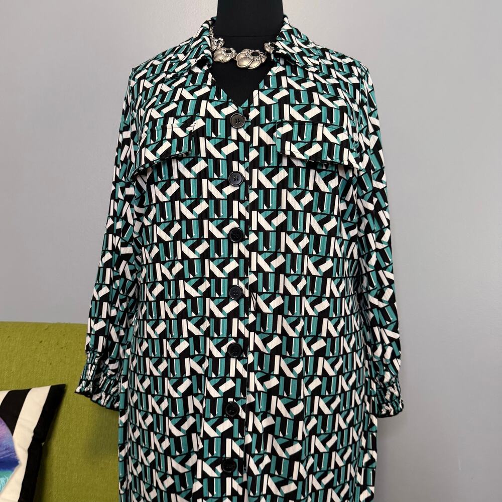 Ashley Stewart Blue Black White Geometric Midi Shirt Dress 22/24 - Picture 6 of 6